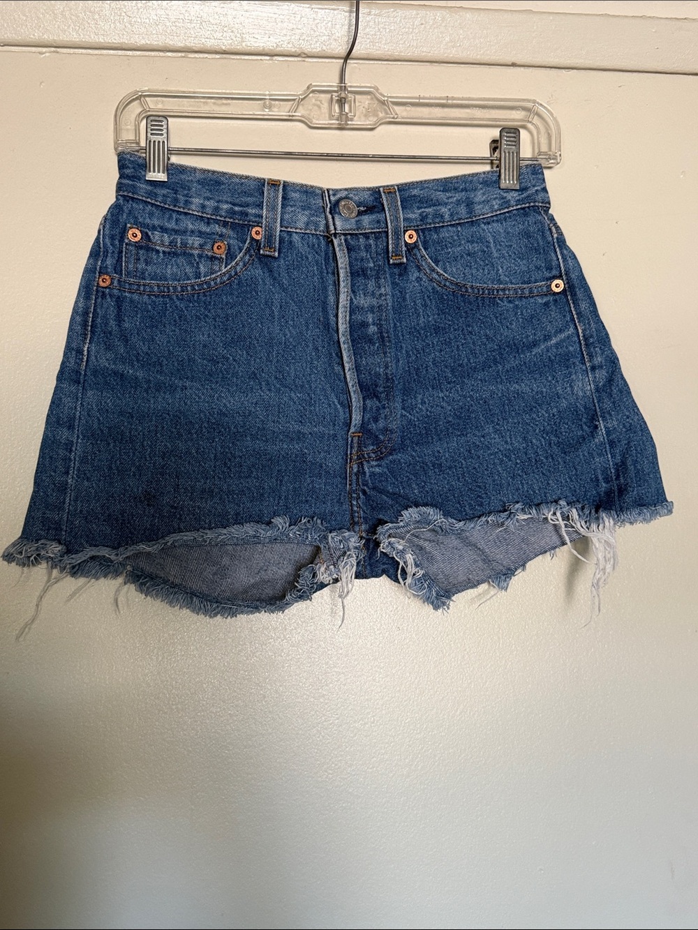 Levi's Dark Blue Frayed Denim Cutoff Shorts Sz 28